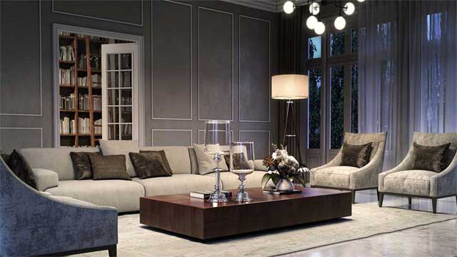 living room with sofa and decorative wall